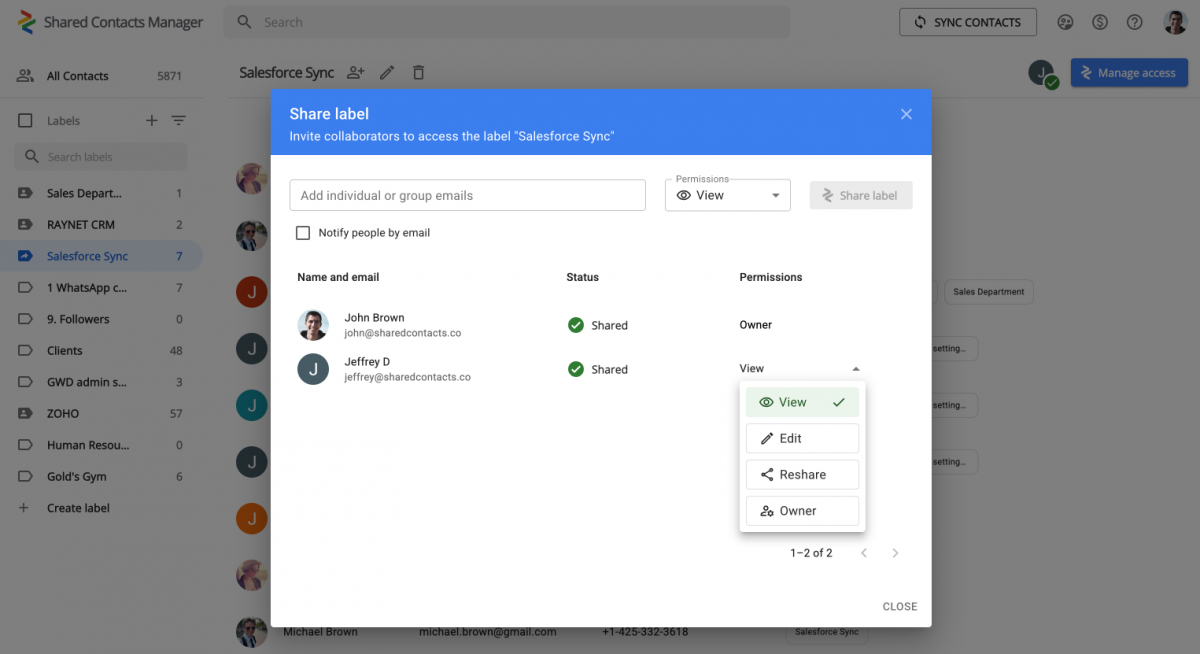 Various access permissions in Shared Contacts Manager