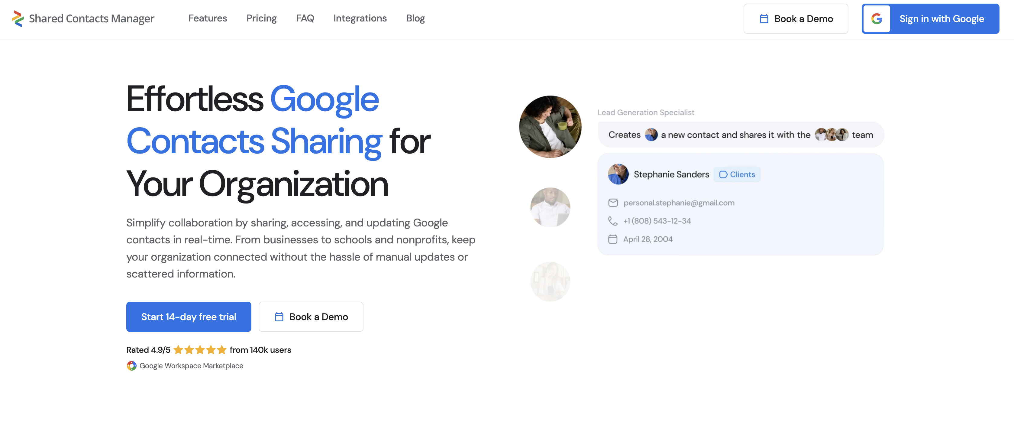 Página inicial do Shared Contacts Manager